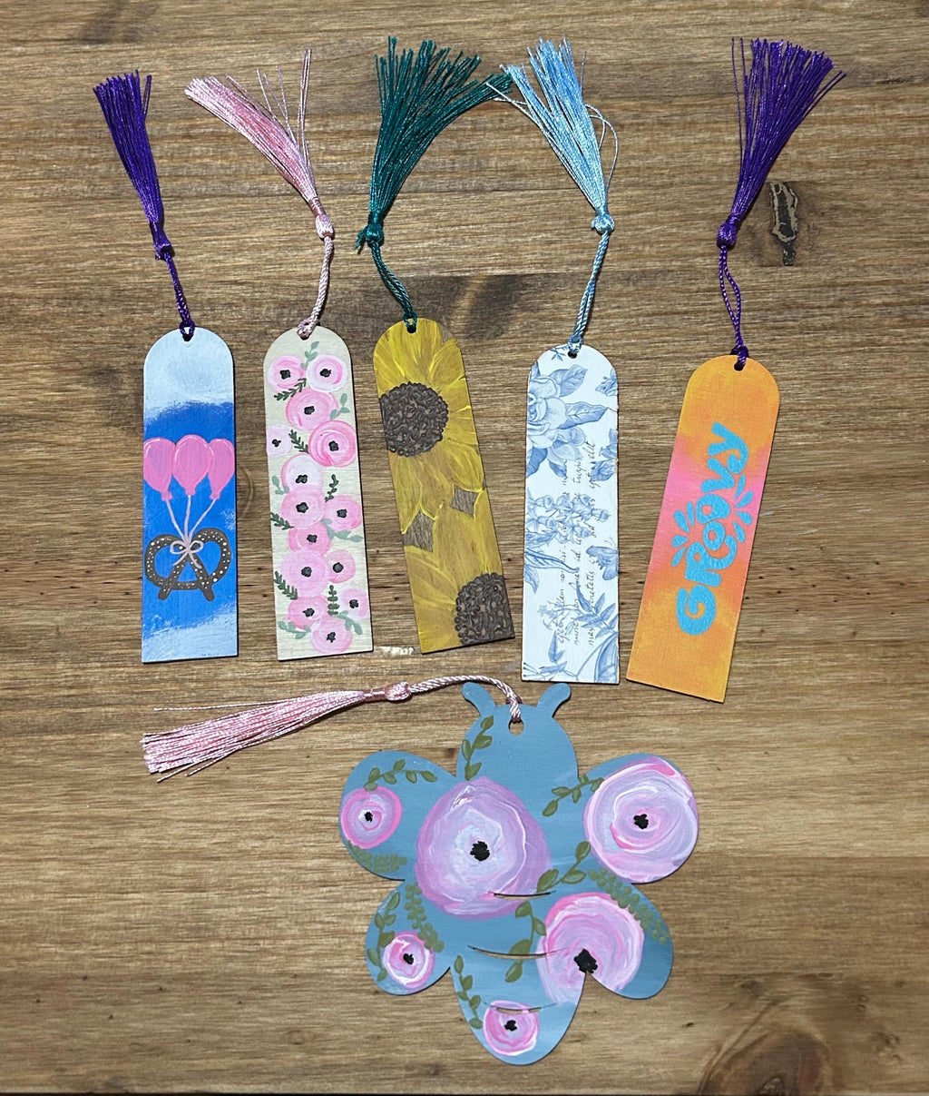 Hand Painted Wooden Bookmarks – Whimsical & Floral Designs with Tassels