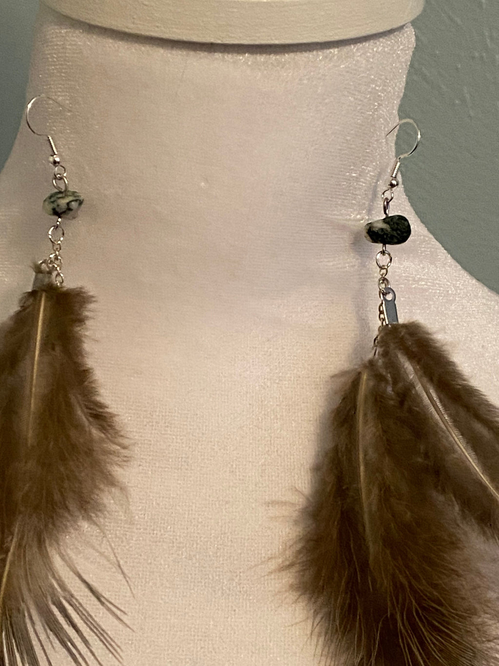 Boho Feather Dangle Earrings with Natural Stone – Nickel Free