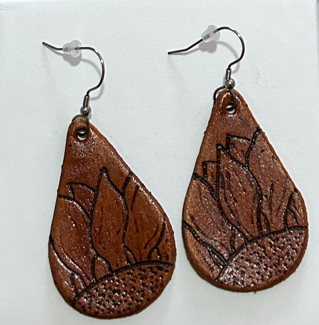 Leather Sunflower Earrings – Burned Sunflower Teardrop Dangles