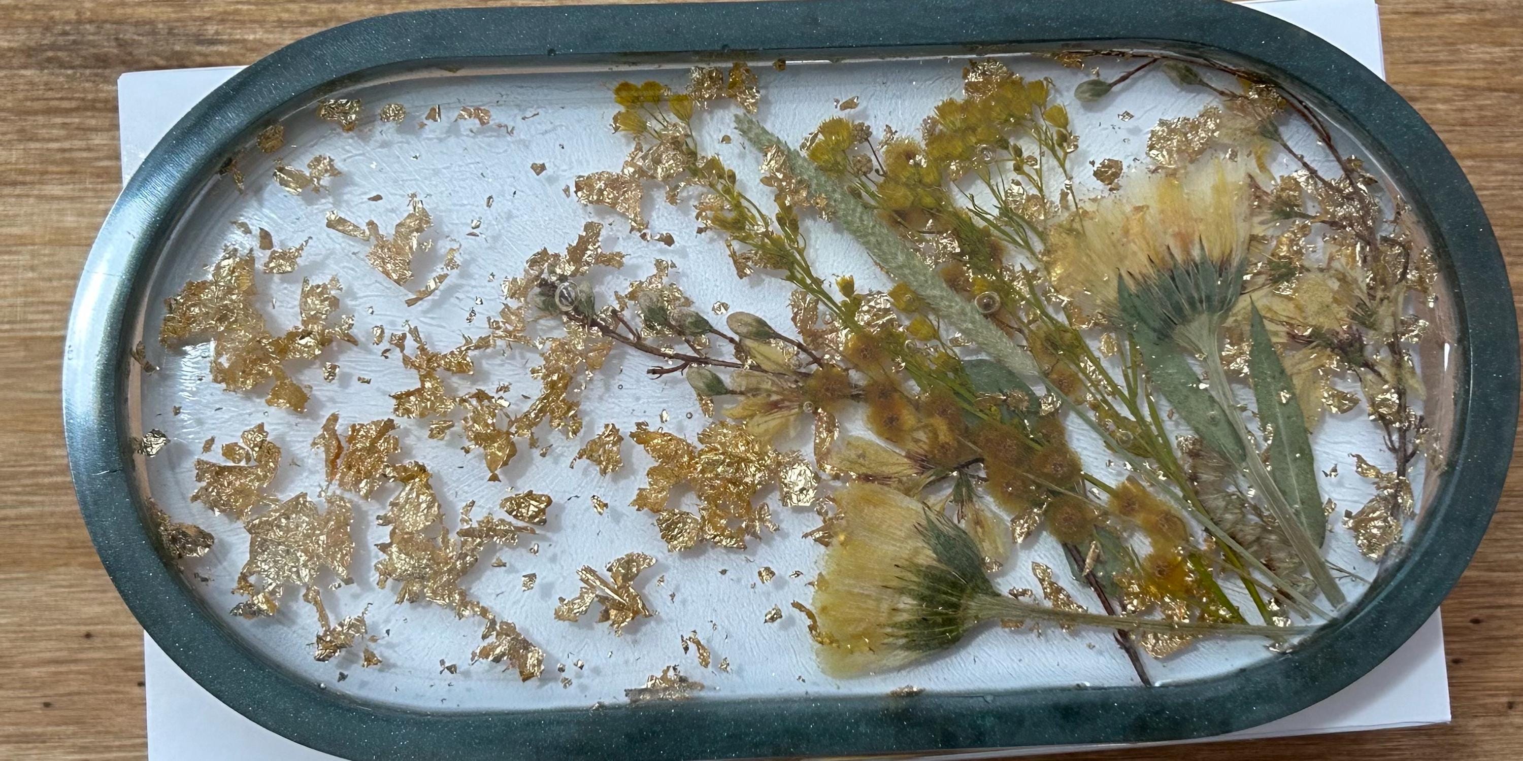 Pressed Flowers Trinket Tray – Clear Resin Tray with Gold Leaf & Yellow Florals