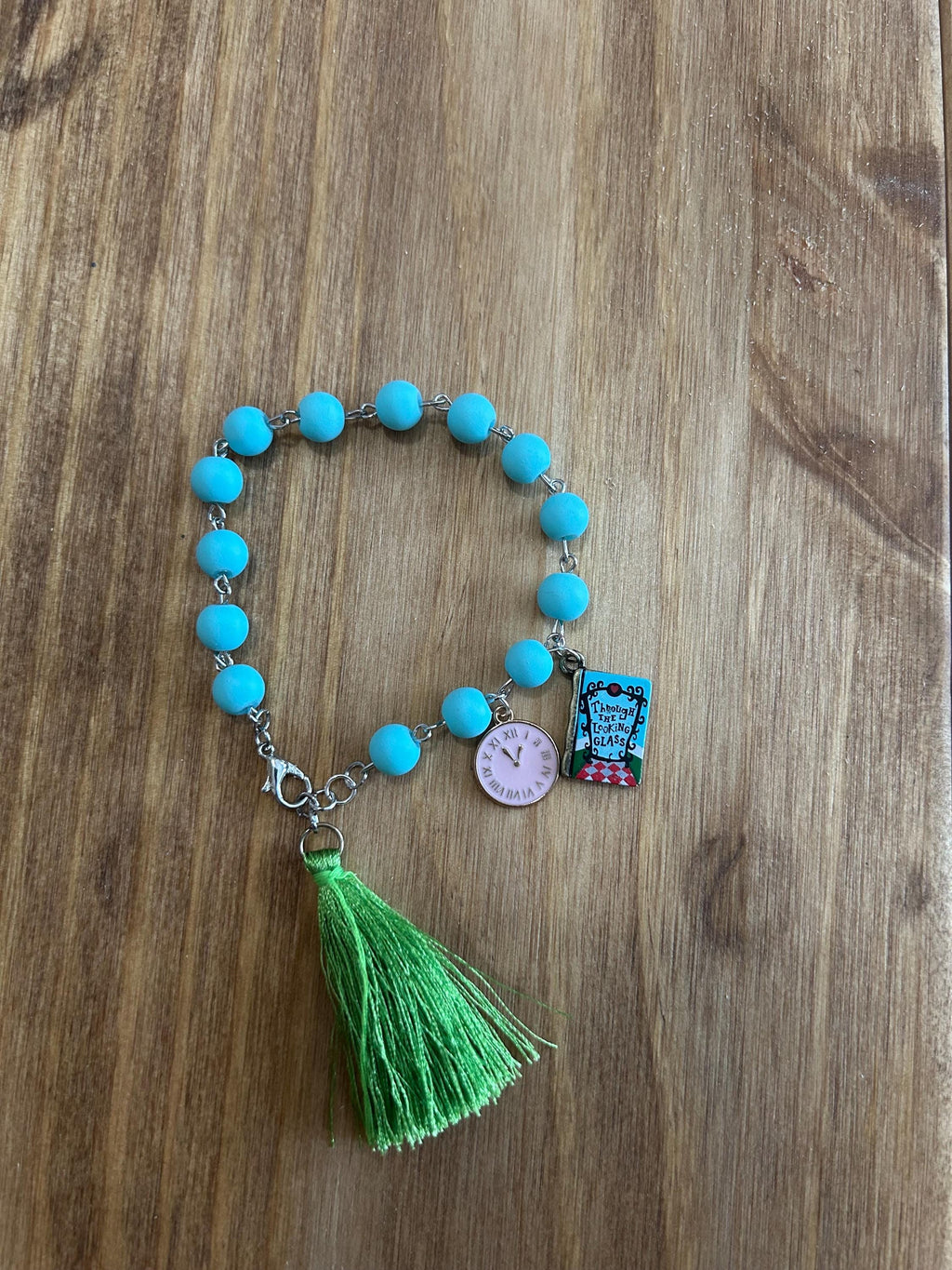 Late for a Date Charm Bracelet – Sky Blue Beads with Pink Clock & Storybook Charms