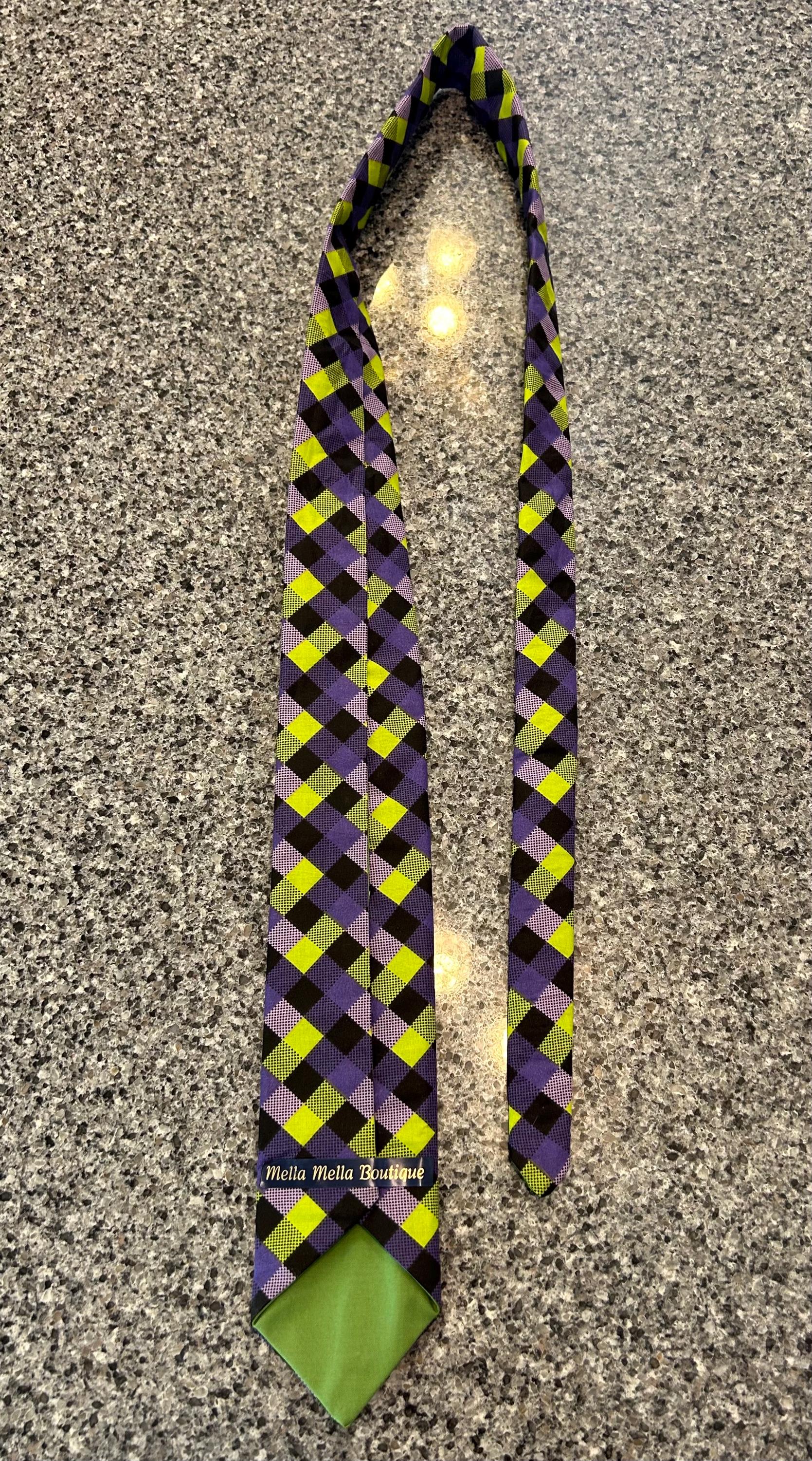 Twisted Plaid Necktie – Purple, Black & Green Cotton Plaid Tie