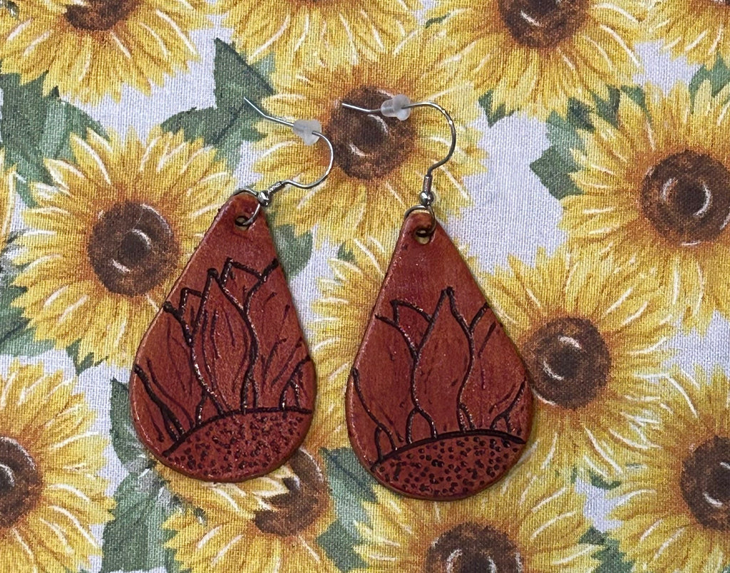 Leather Sunflower Earrings – Burned Sunflower Teardrop Dangles