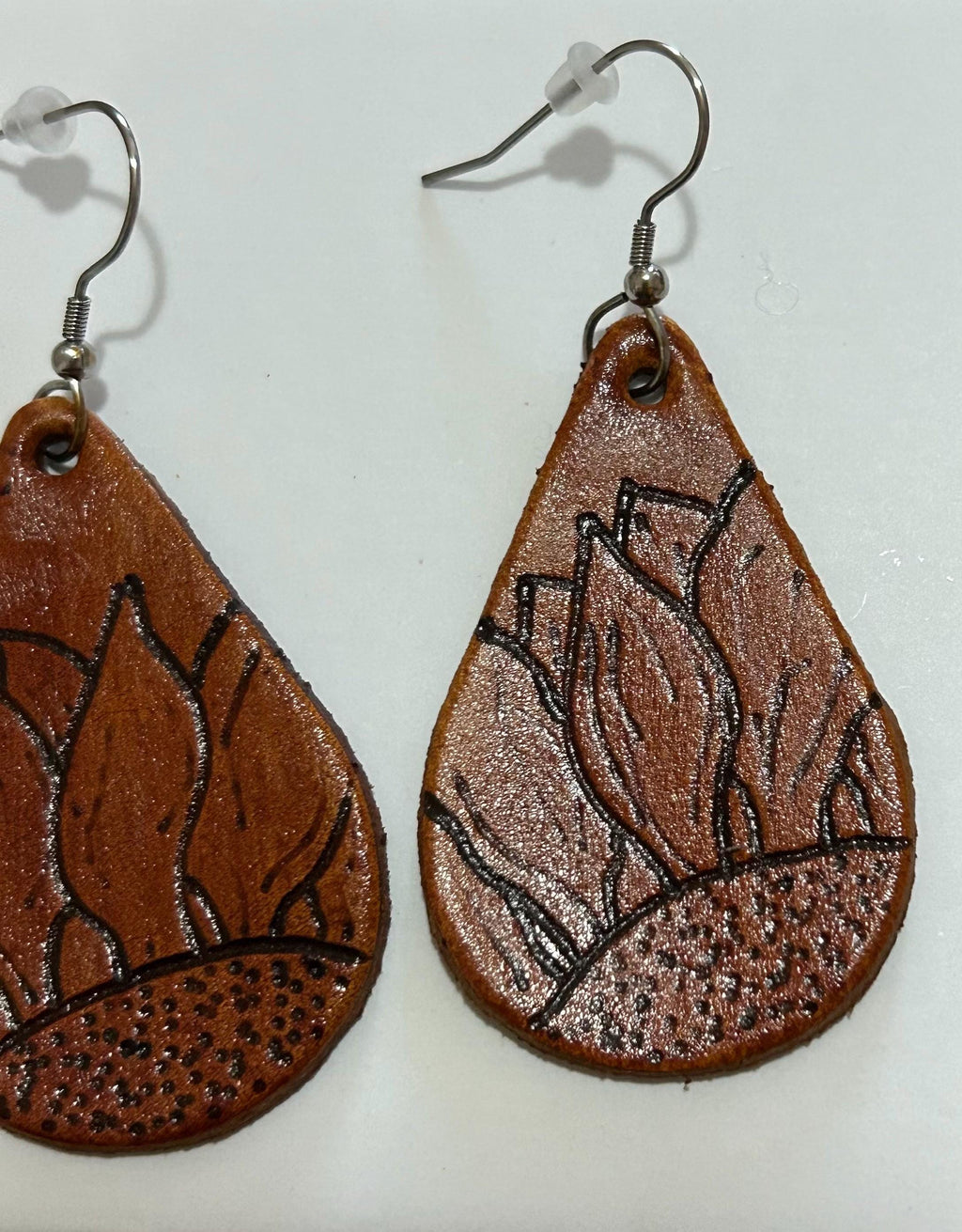 Leather Sunflower Earrings – Burned Sunflower Teardrop Dangles