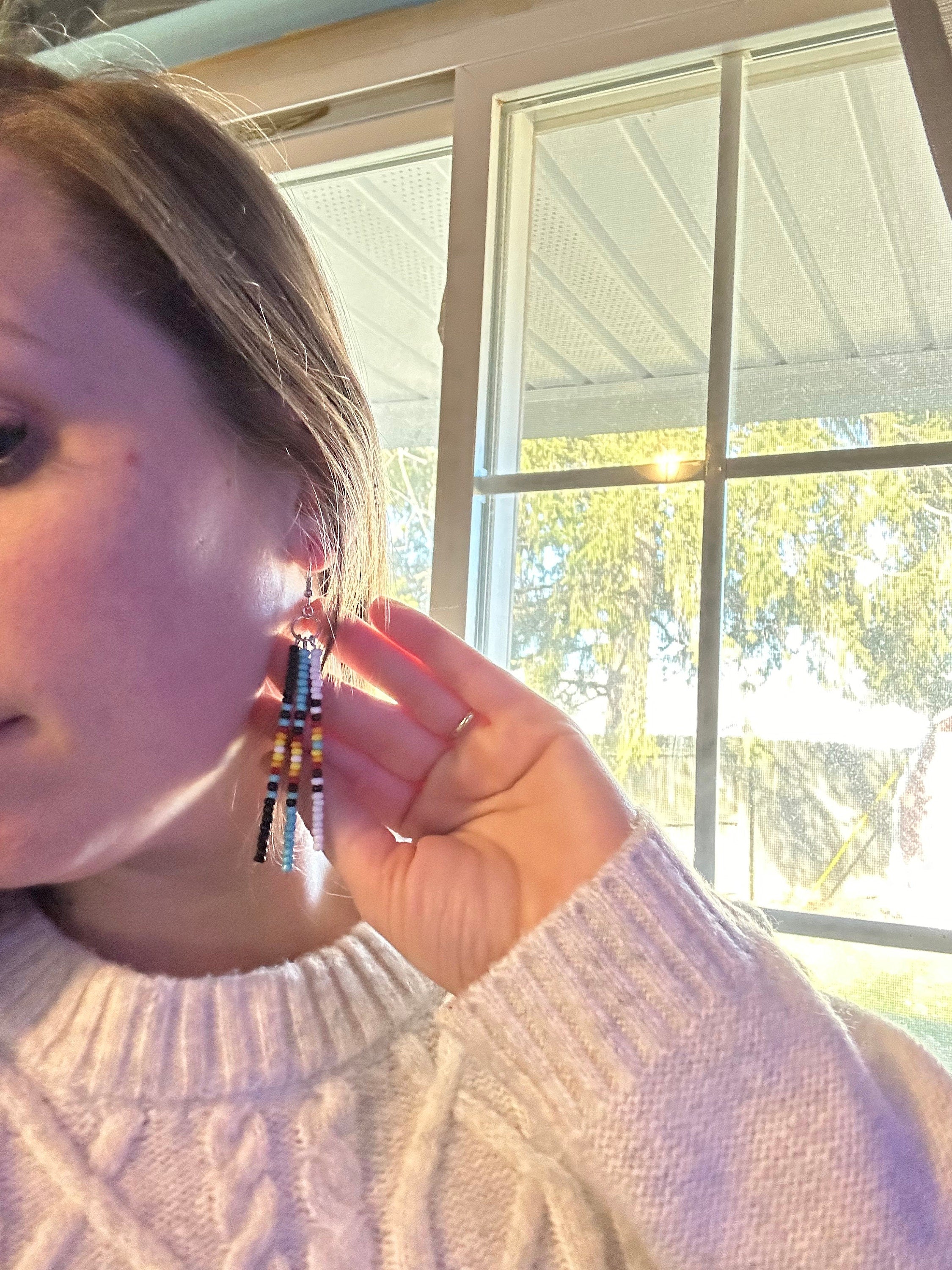 Traditions Seed Bead Dangle Earrings – Black, White & Turquoise Boho Beadwork