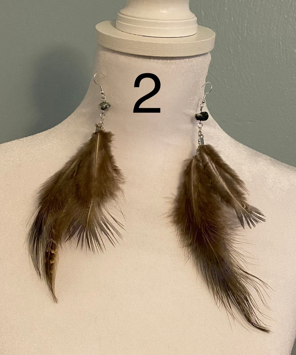 Boho Feather Dangle Earrings with Natural Stone – Nickel Free