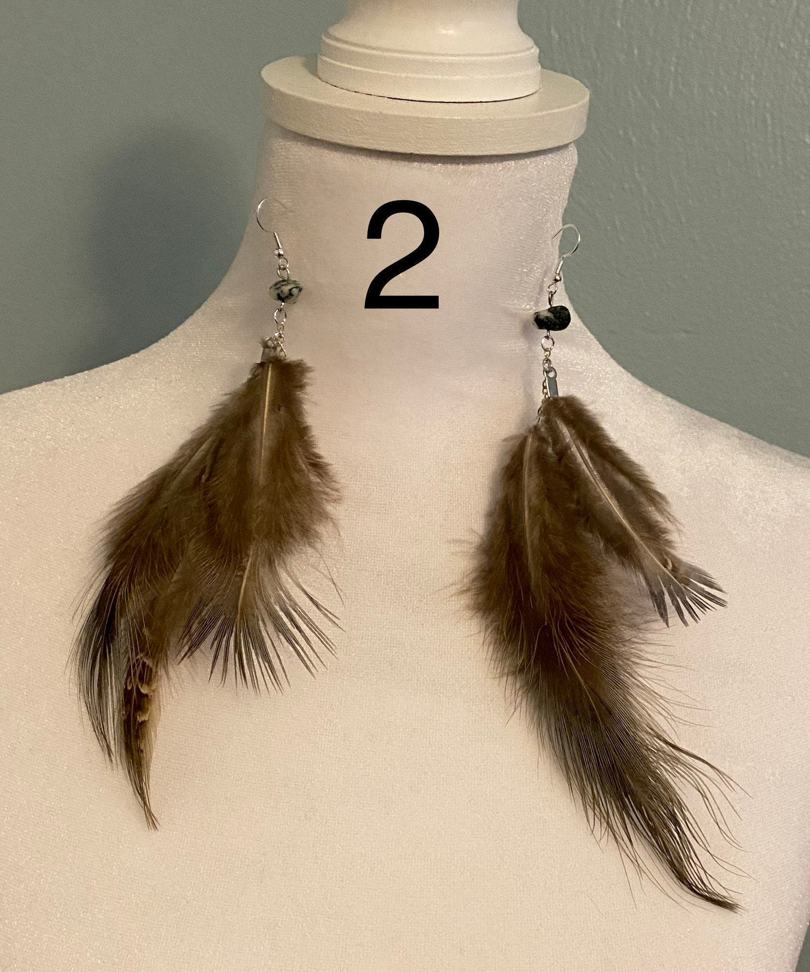 Boho Feather Dangle Earrings with Natural Stone – Nickel Free
