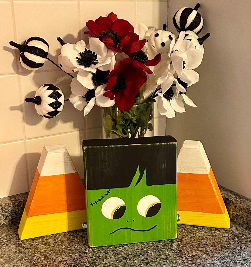 Rustic Halloween Decor – Hand-Painted Wooden Frankenstein & Candy Corn