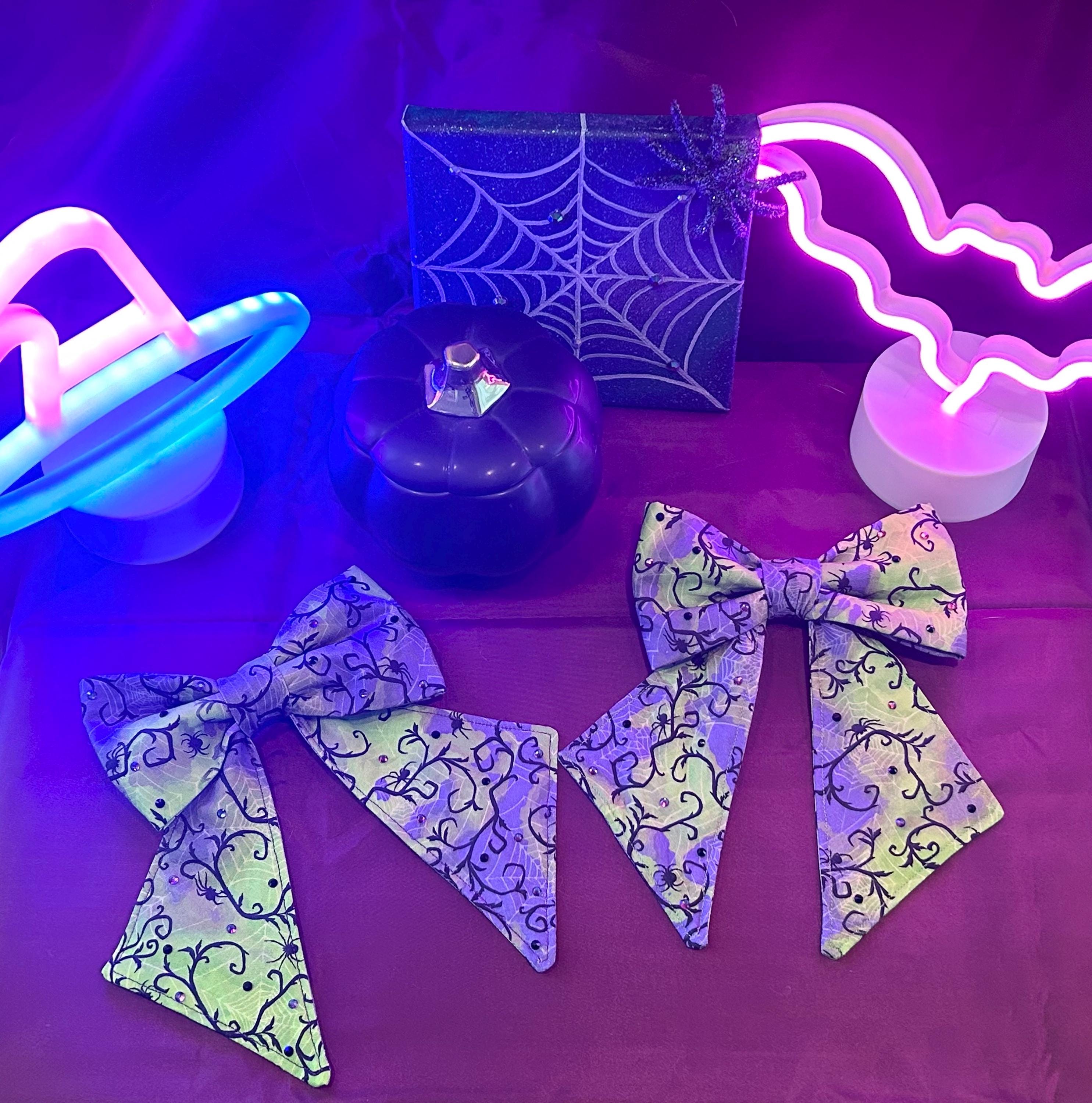 Lydia Hair Bow – Spooky Green & Purple Spider Web Bow