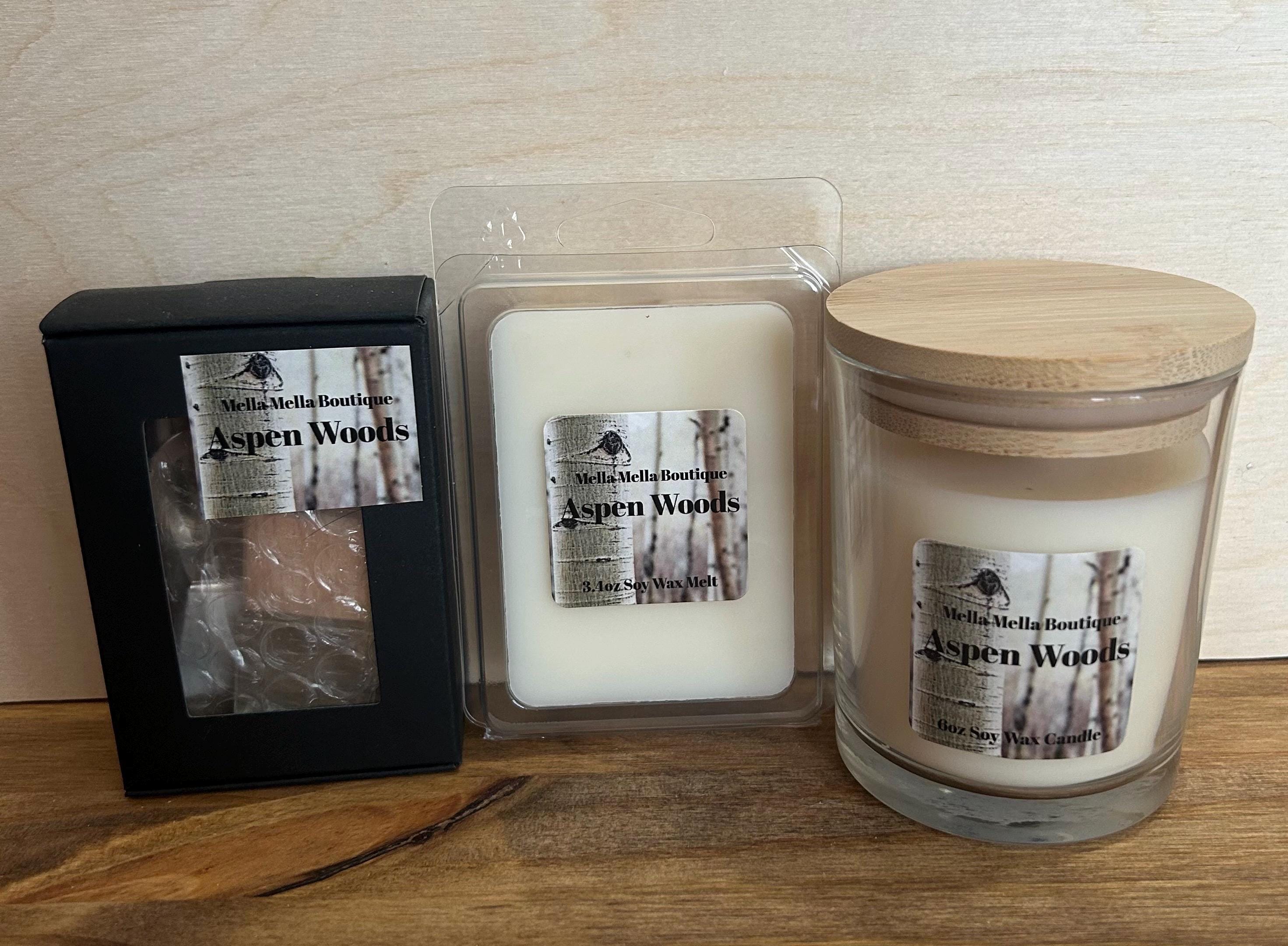 Aspen Woods Home Fragrance – Soy Candle, Wax Melts & Car Diffuser (Patchouli, Jasmine & Amber)