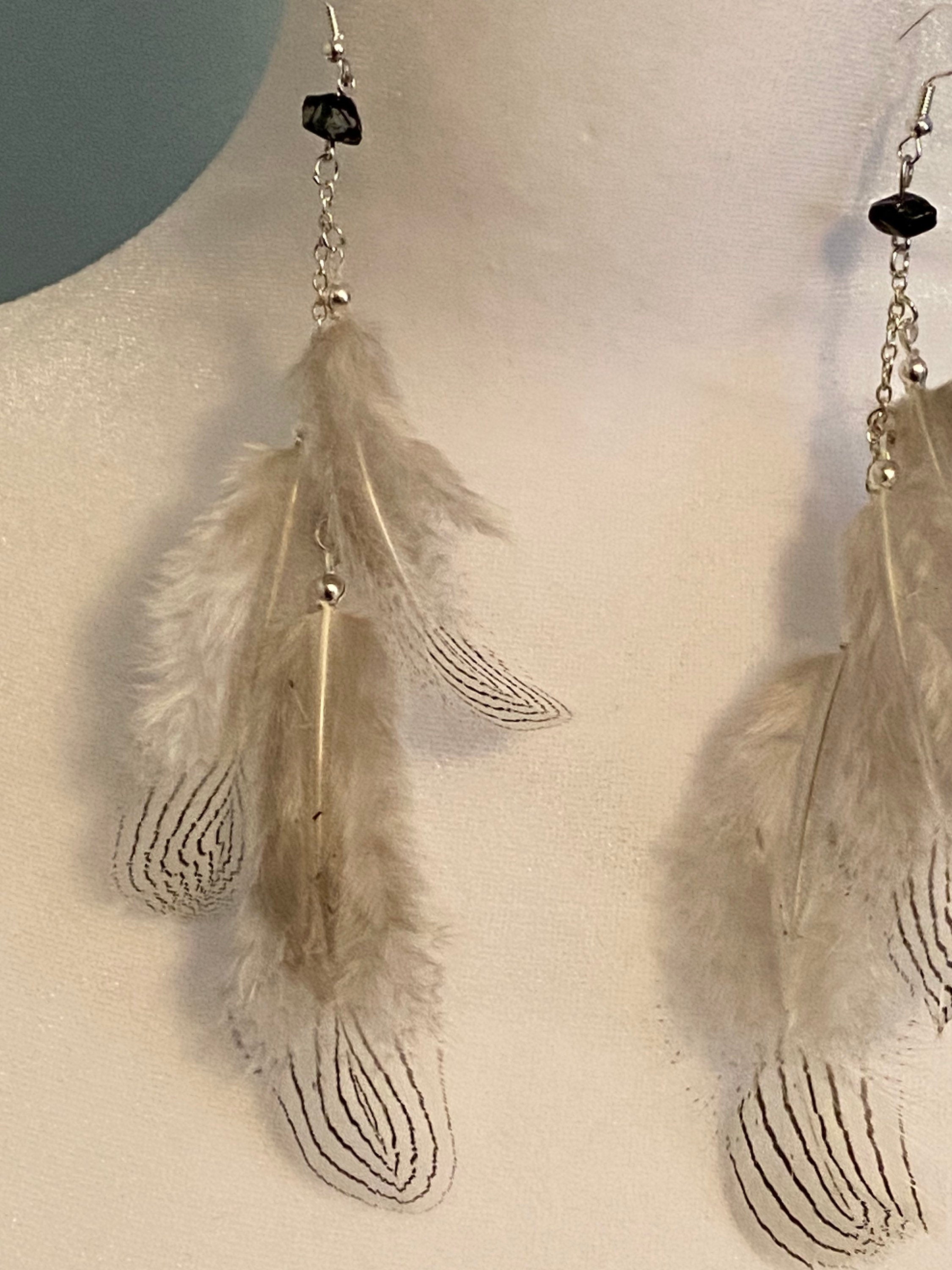 Boho Feather Dangle Earrings with Natural Stone – Nickel Free
