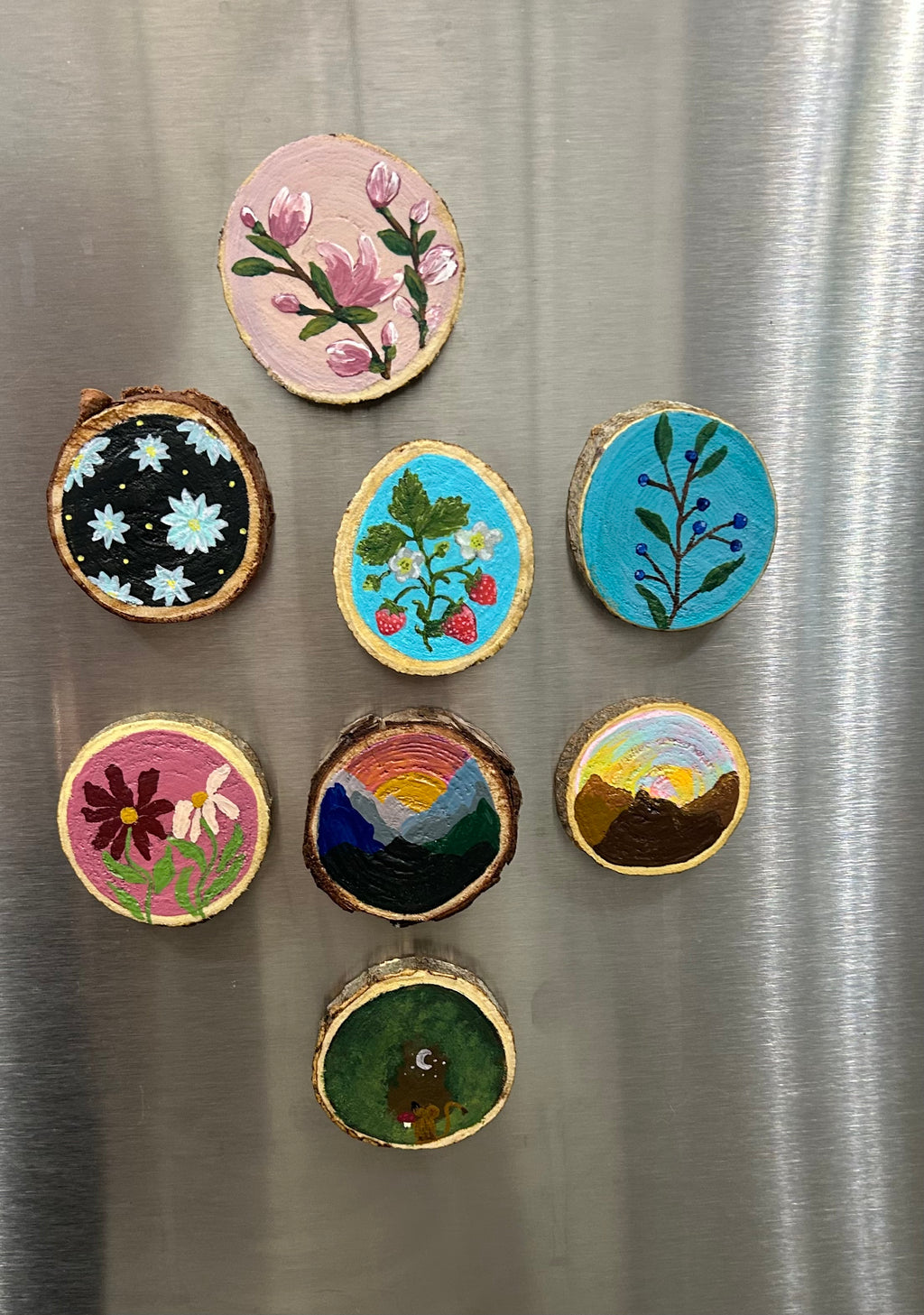 Random Set of 2 Hand Painted Wood Slice Magnets