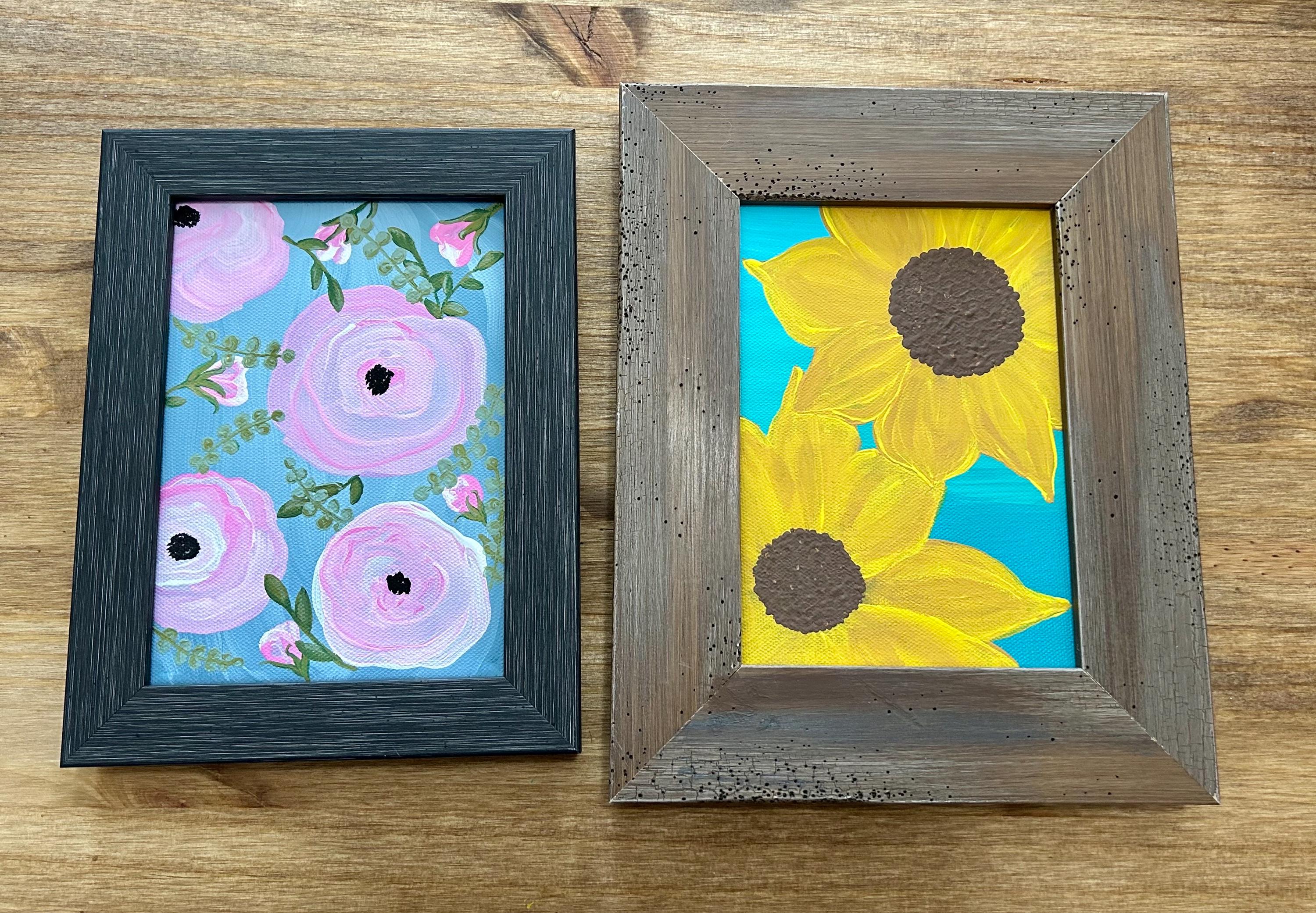 Hand-Painted Framed Wall Art – Abstract Roses & Rustic Sunflowers