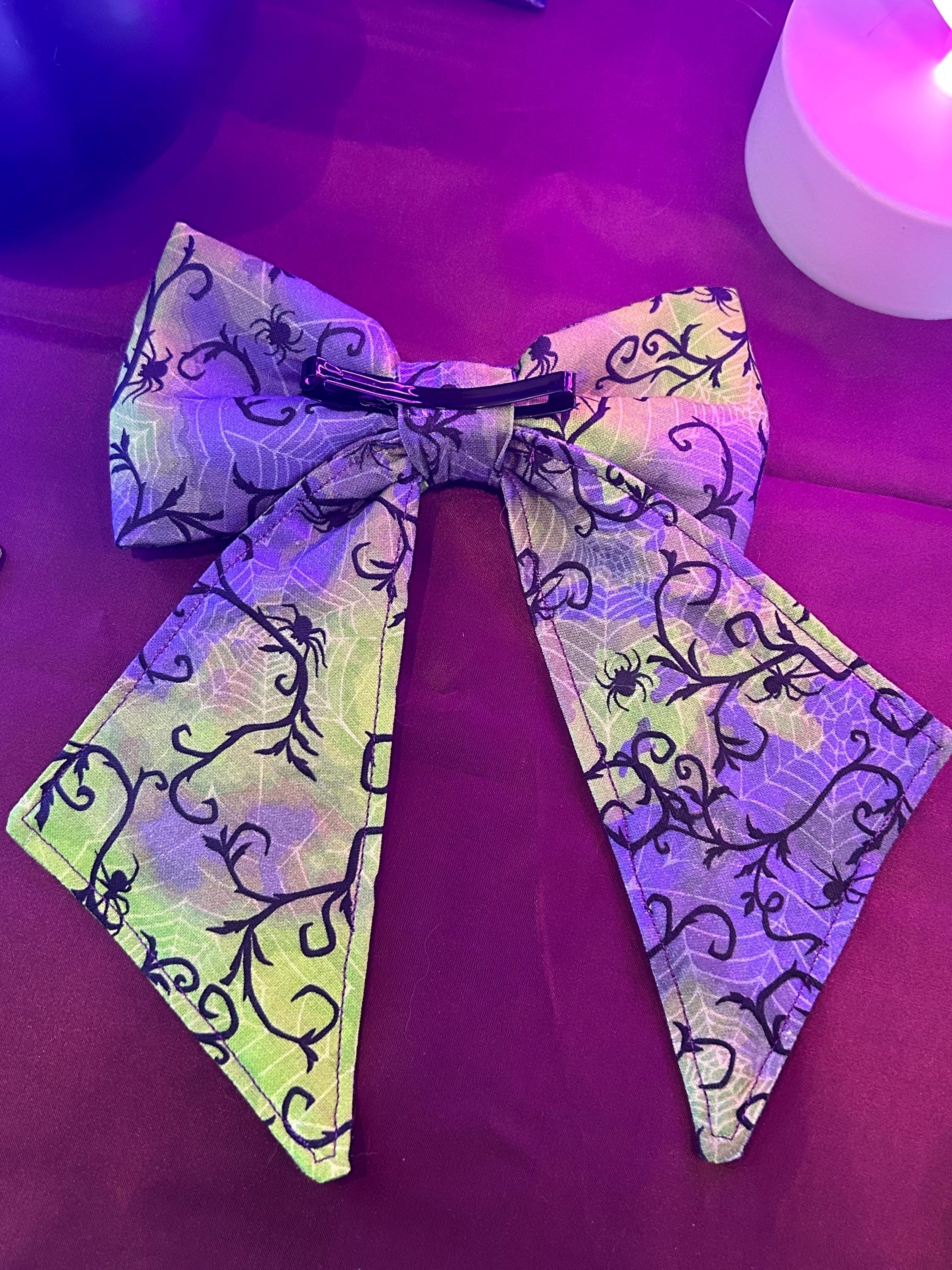 Lydia Hair Bow – Spooky Green & Purple Spider Web Bow