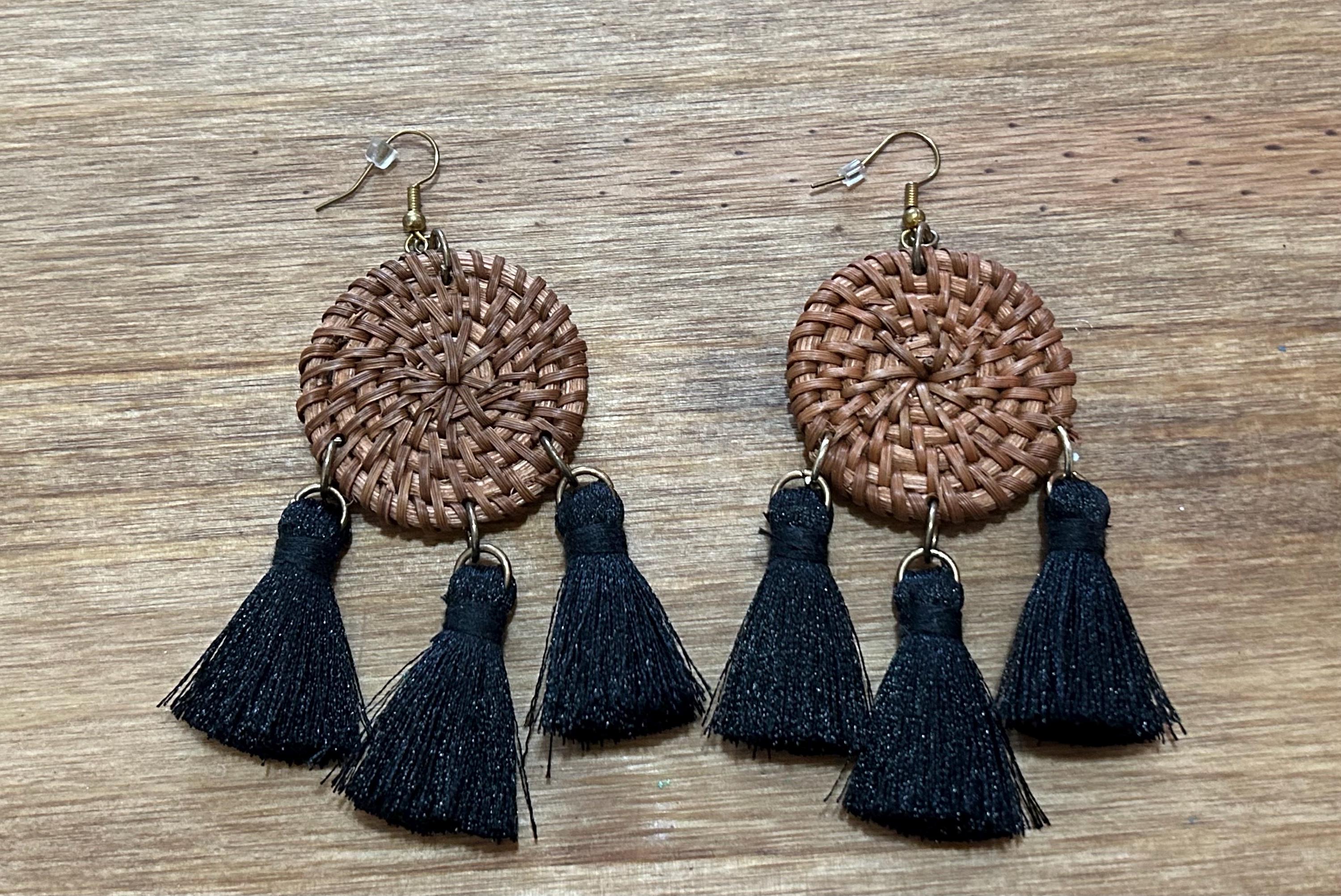 Basket Weave Dangle Earrings with Black Tassels – Nickel Free