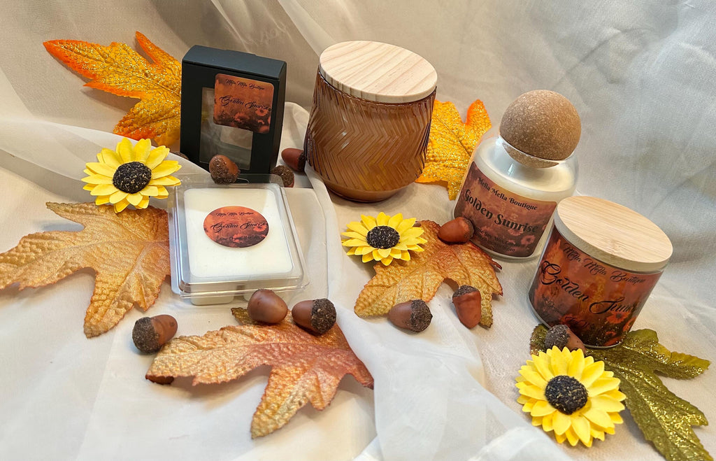 Golden Sunrise Scent Collection – Soy Candles, Wax Melts & Car Diffuser with Orange, Cinnamon & Clove