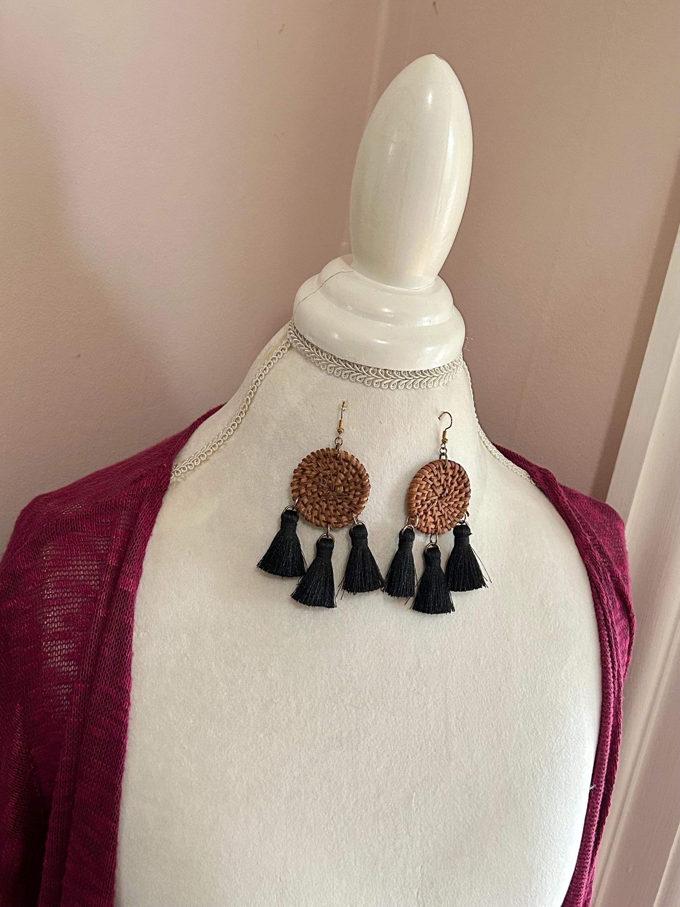 Basket Weave Dangle Earrings with Black Tassels – Nickel Free