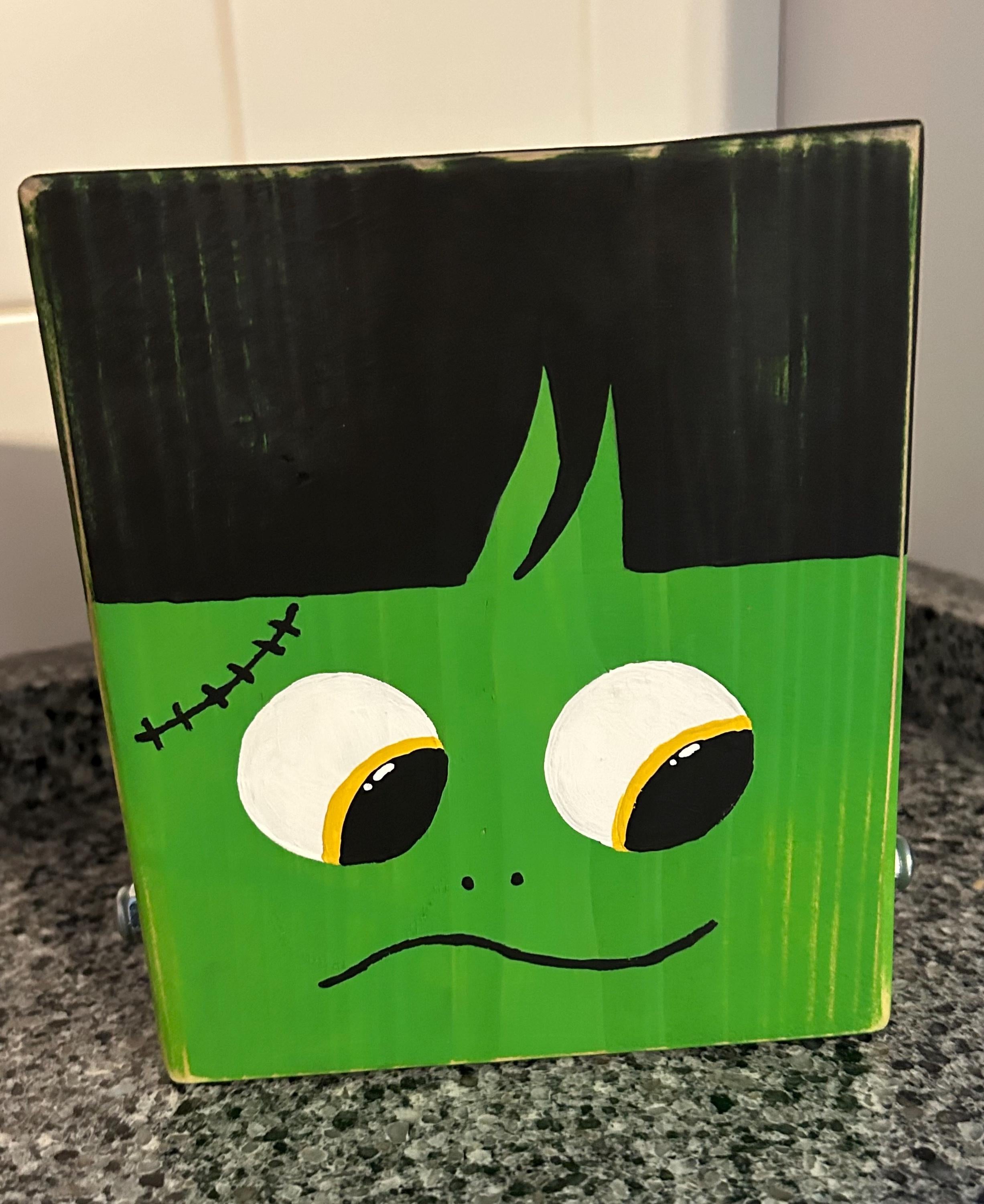 Rustic Halloween Decor – Hand-Painted Wooden Frankenstein & Candy Corn