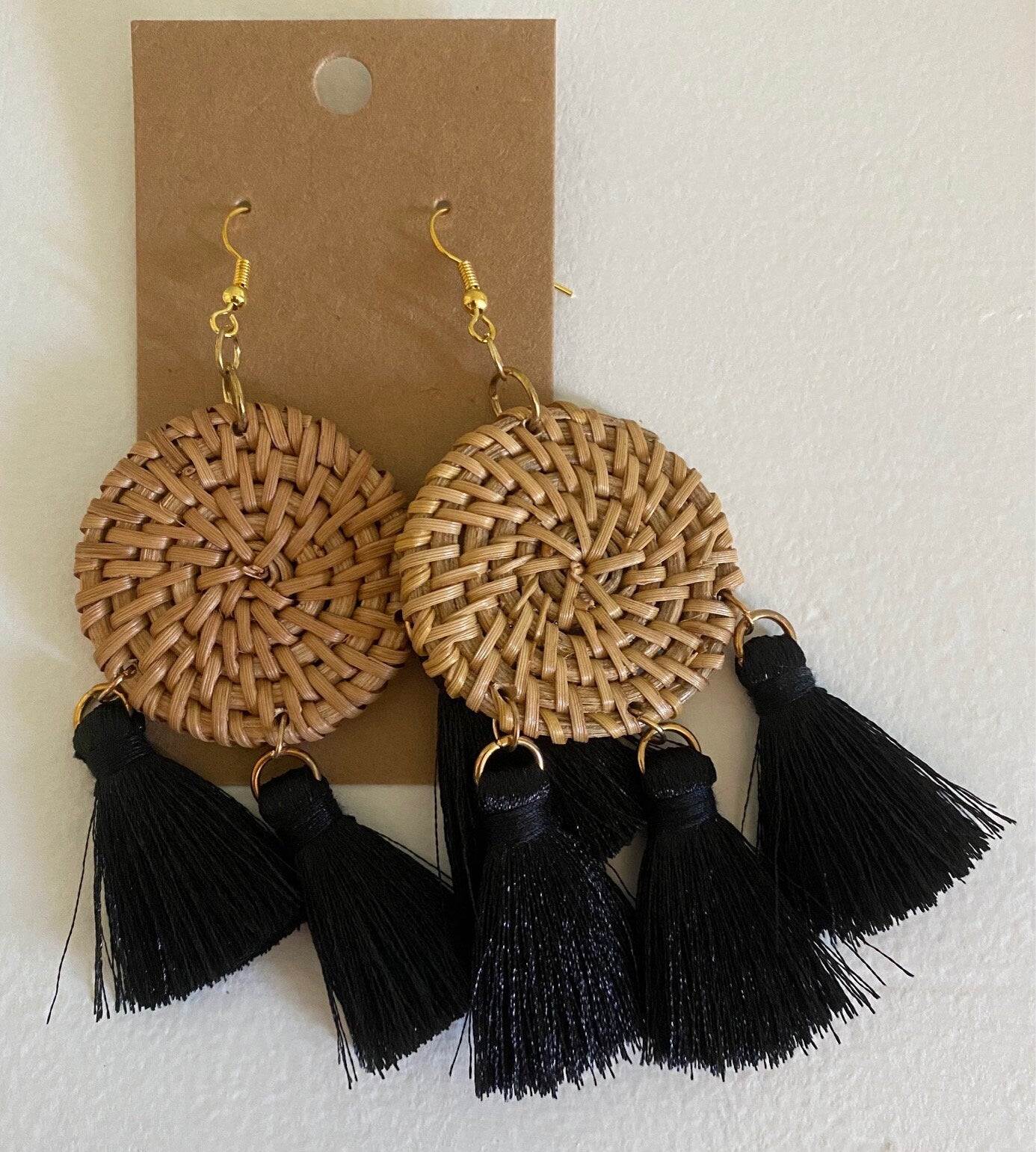 Basket Weave Dangle Earrings with Black Tassels – Nickel Free