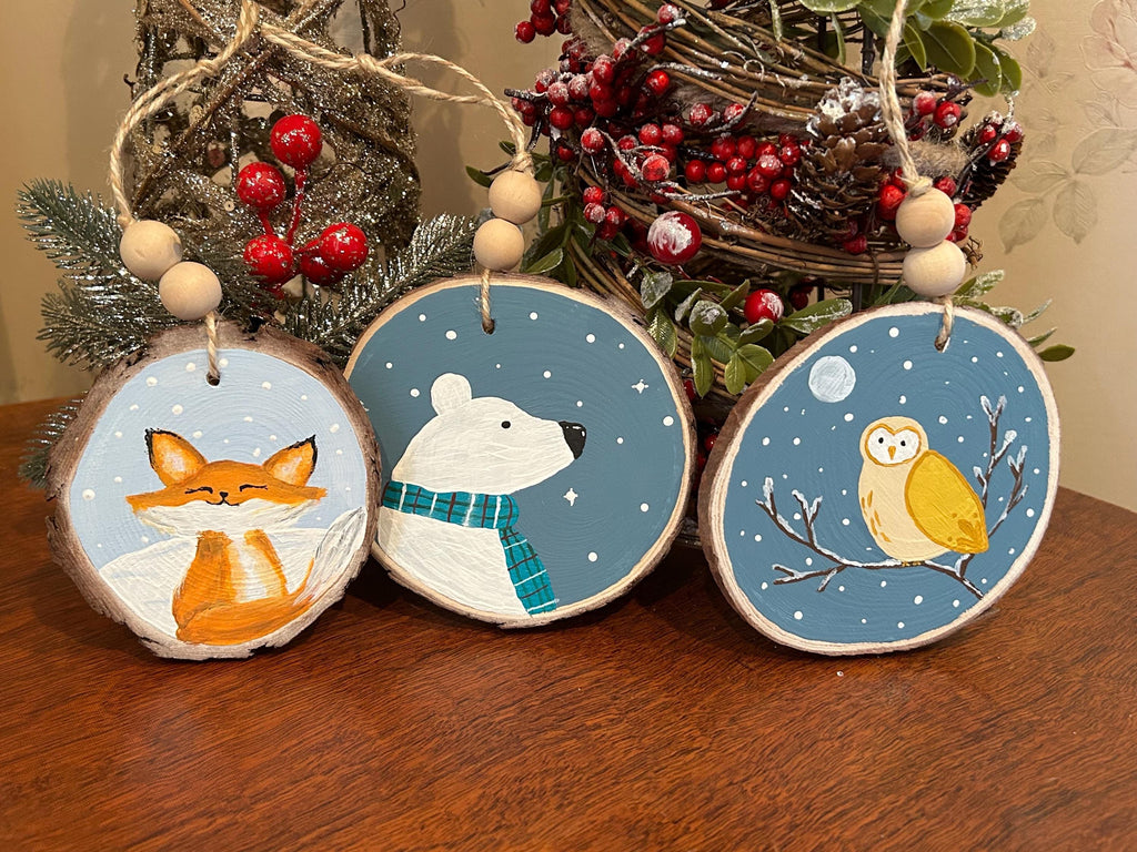 Hand-Painted Holiday Critter Ornaments – Fox, Polar Bear & Owl