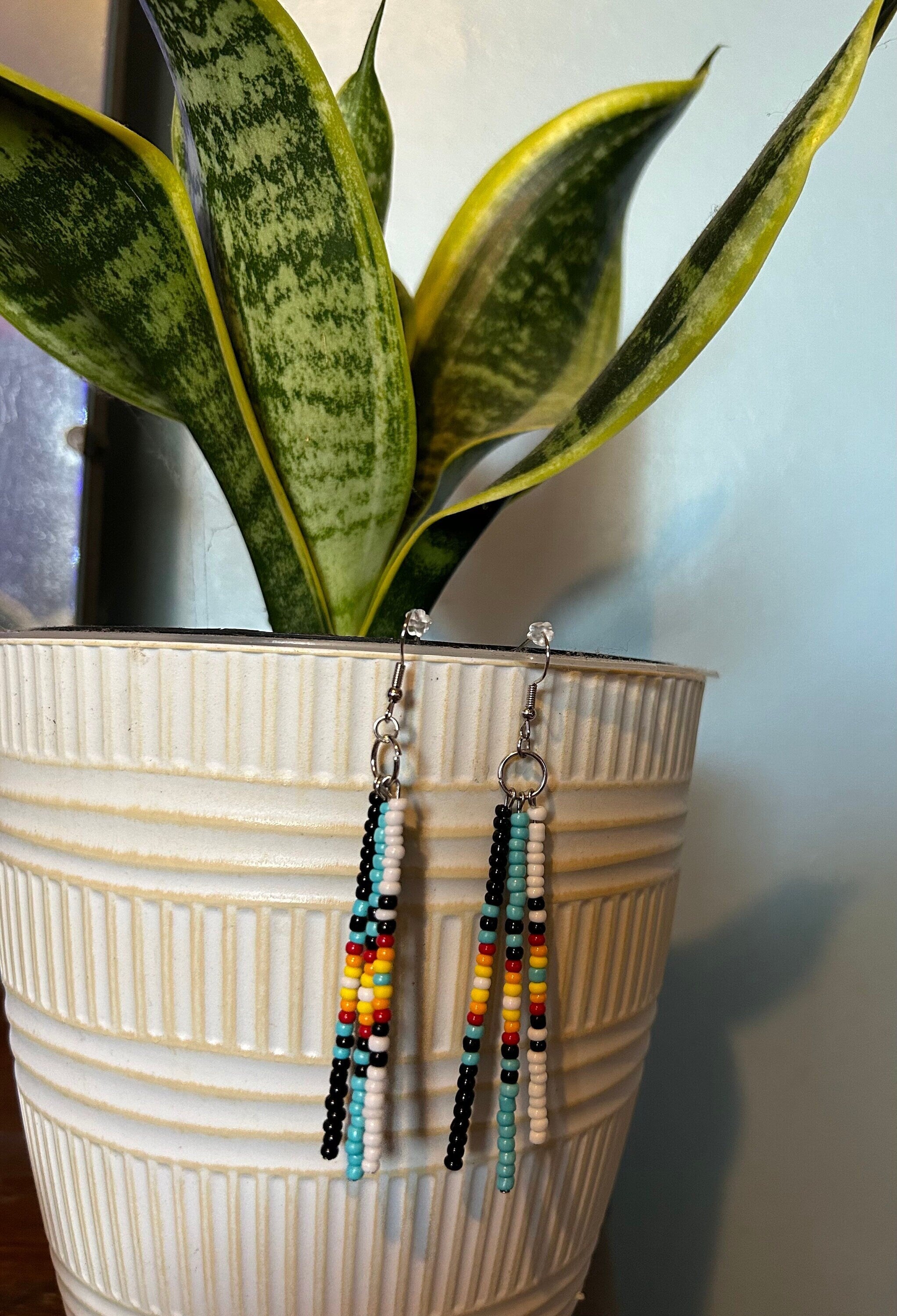 Traditions Seed Bead Dangle Earrings – Black, White & Turquoise Boho Beadwork